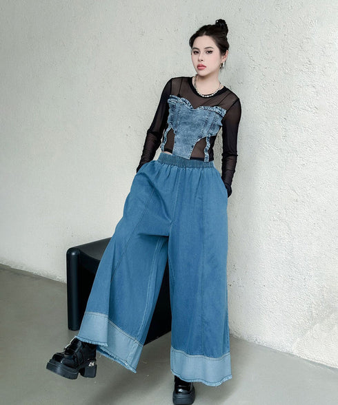 Stitch Contrast Color Wide Denim